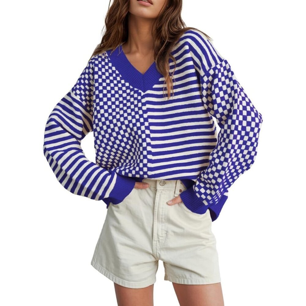 Women's Royal Blue Striped Checkered V Neck Casual Knit Trendy Pullover Sweaters - Picture 1 of 3